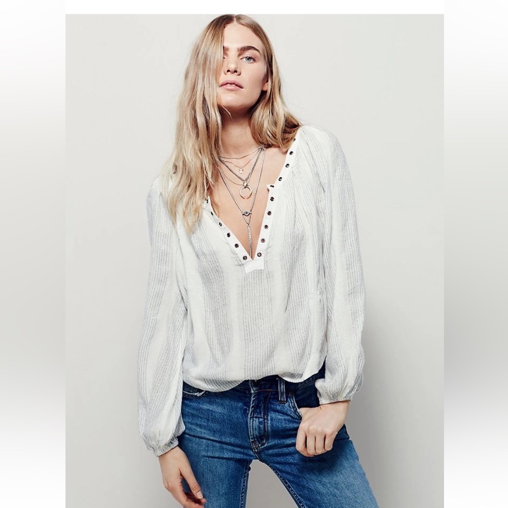 Free People Against All Odds Striped Blouse Ivory Lace-Up Boho Top S